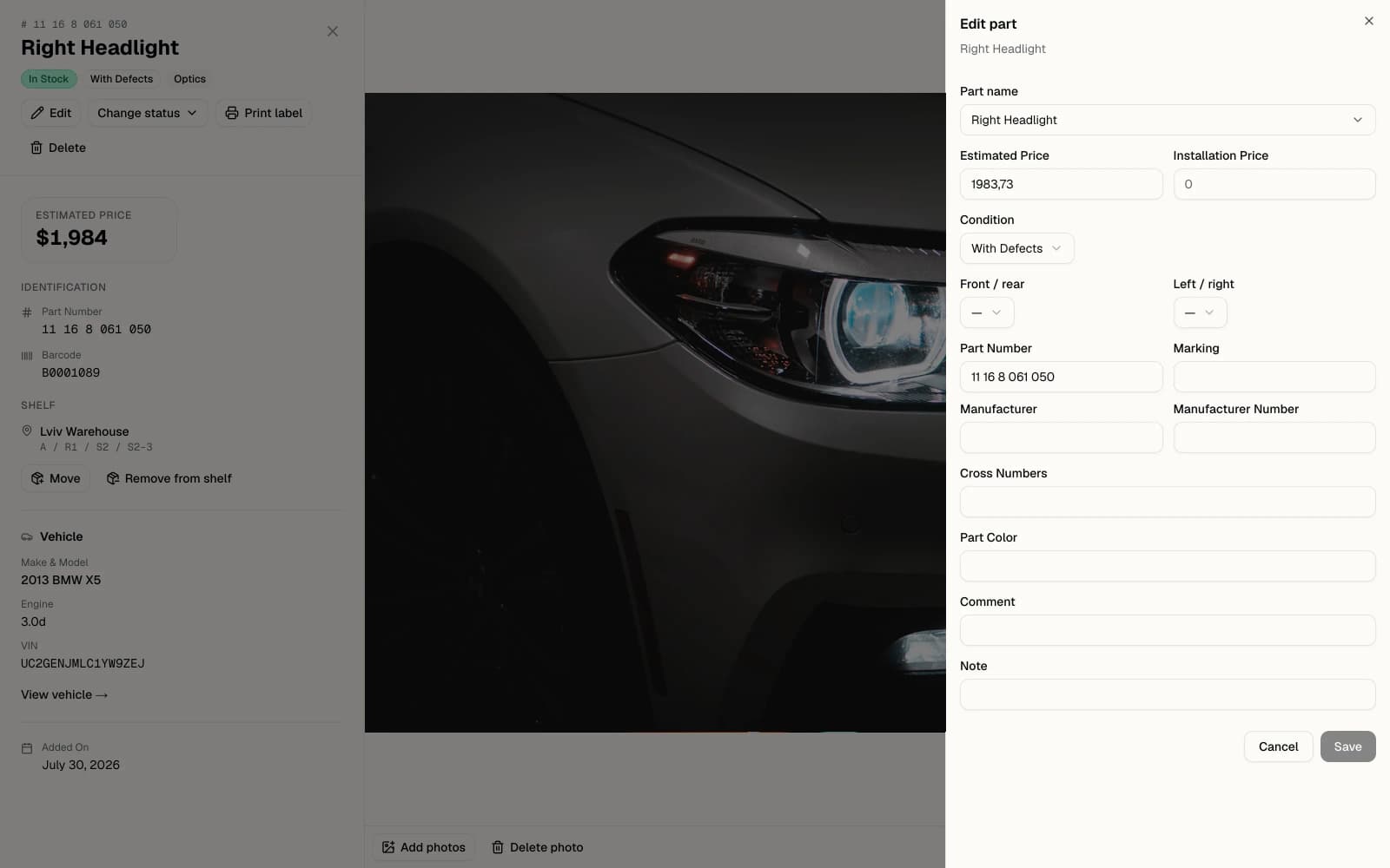Mottavik part form: catalogue name, condition, side, part numbers, cross references