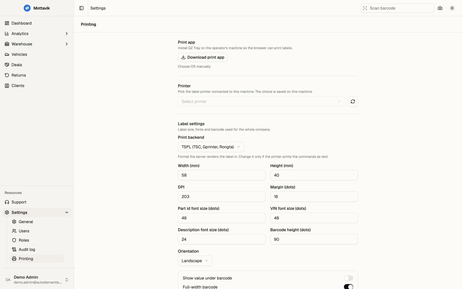 Mottavik label printing settings: print backend, label size, barcode height