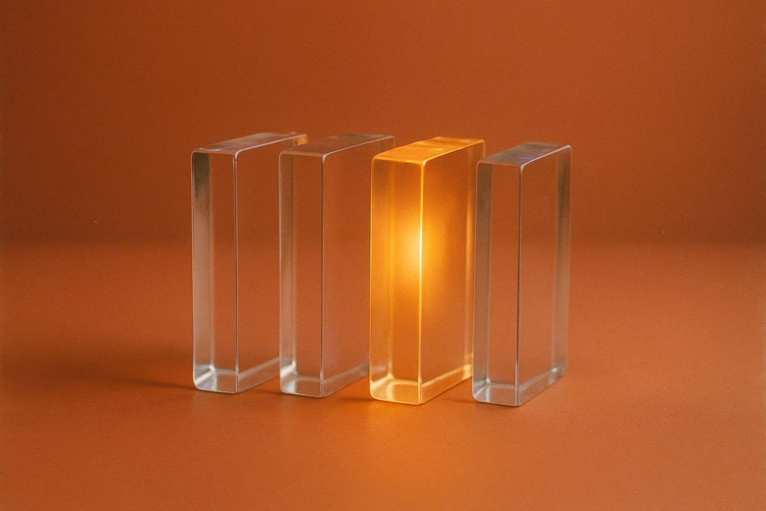 Four upright clear glass slabs standing in a row on a terracotta surface with even gaps between them, the third slab glowing warm amber from within
