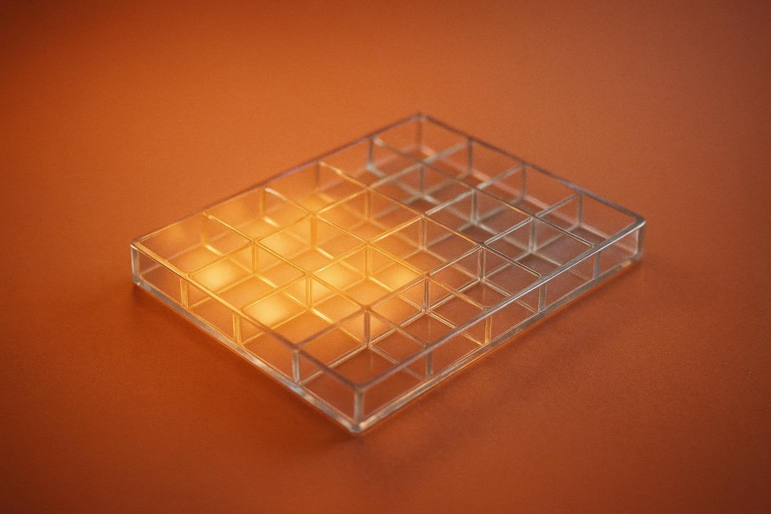 A flat clear glass tray divided into a grid of small compartments, about half of them glowing warm and the rest clear