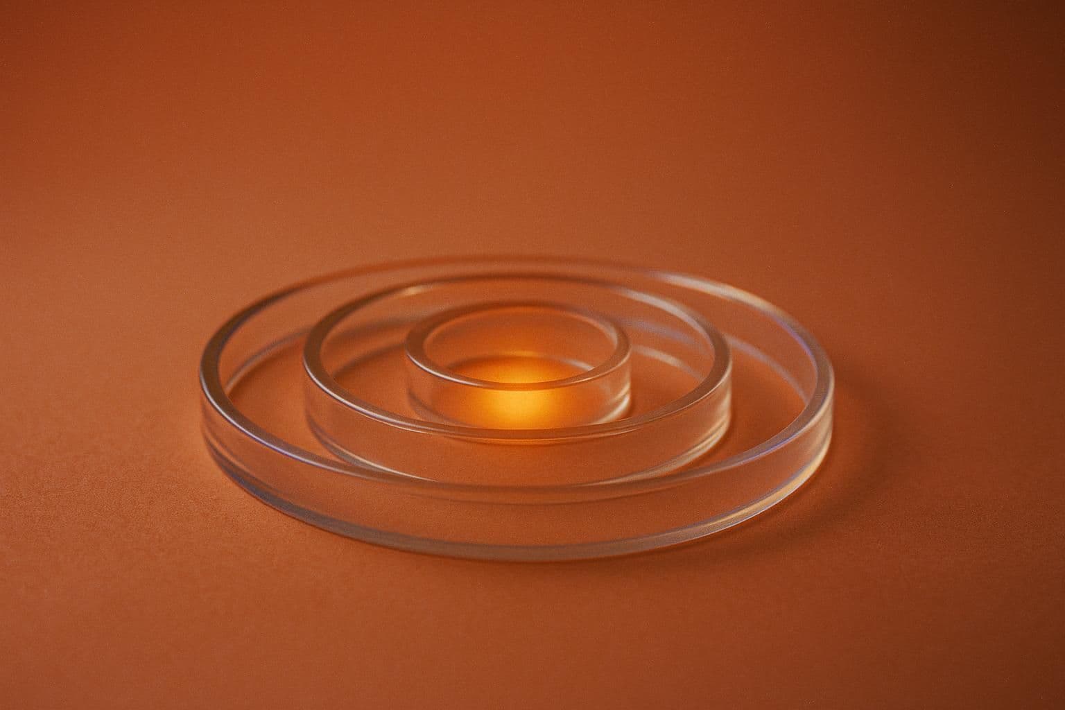 Three flat concentric clear glass rings lying on a terracotta surface, with a warm amber glow at the centre that is brightest inside the smallest ring and fades toward the largest