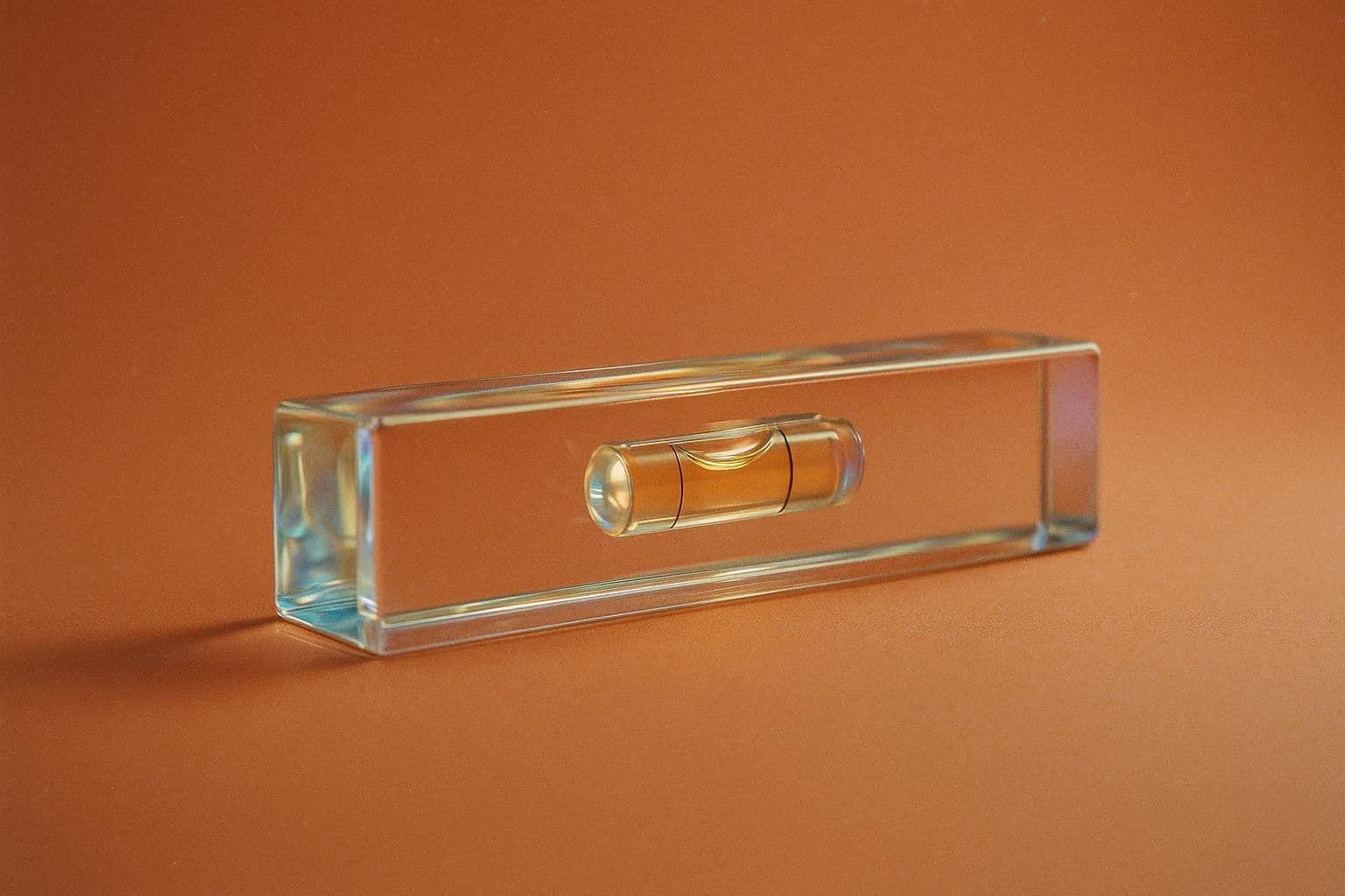 A solid clear glass spirit level lying on a flat surface, with a small glowing liquid vial and its air bubble set into the middle
