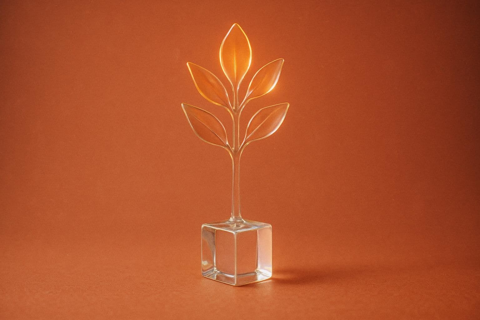 A clear glass sculpture on a terracotta surface: a small faceted glass cube at the base, with a slender glass stem rising from it and branching into five glass leaves that glow warm amber toward the top