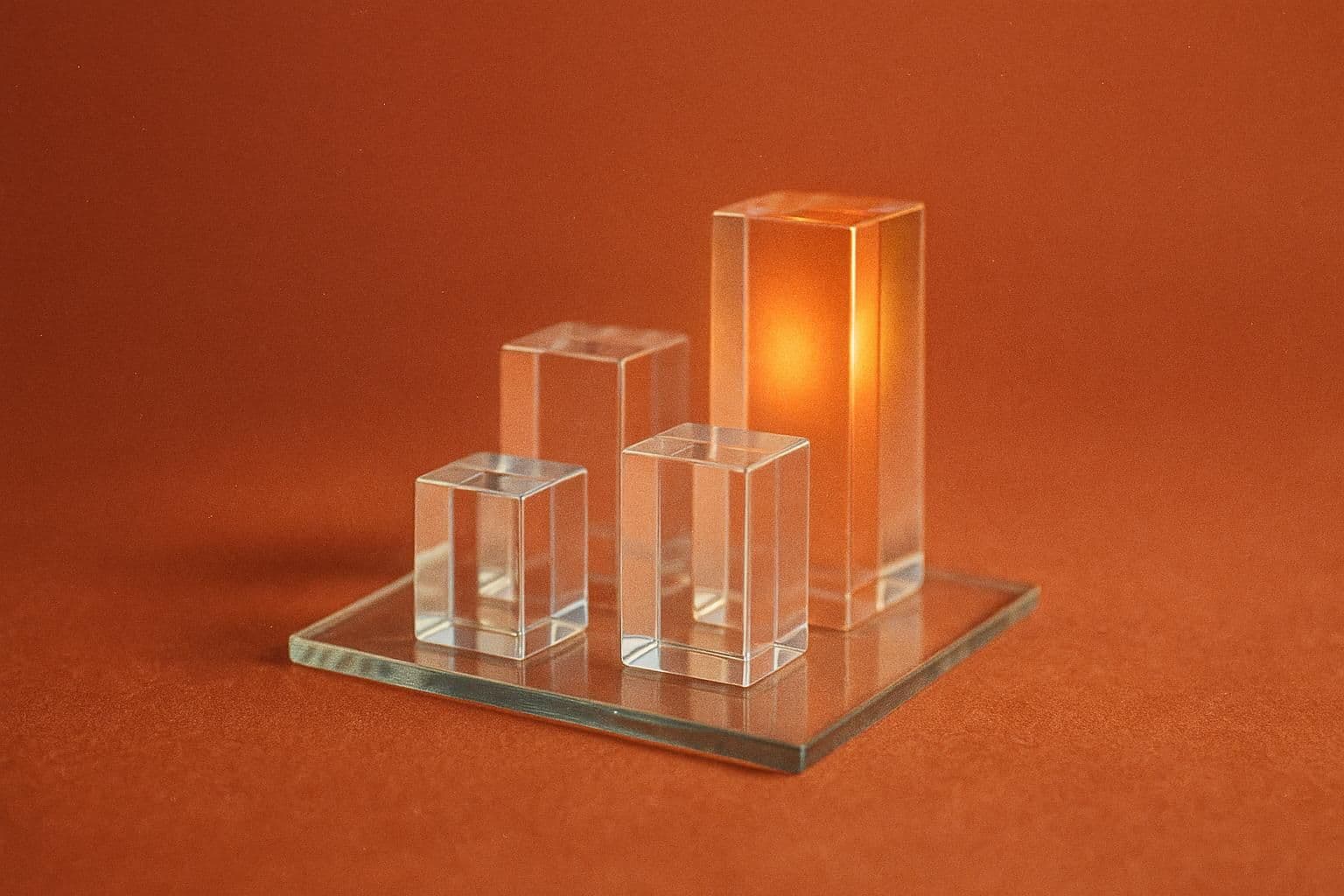 A glass architect's model on a terracotta surface: four clear glass blocks of different heights standing on a flat square glass plate, the tallest block at the back glowing amber from within